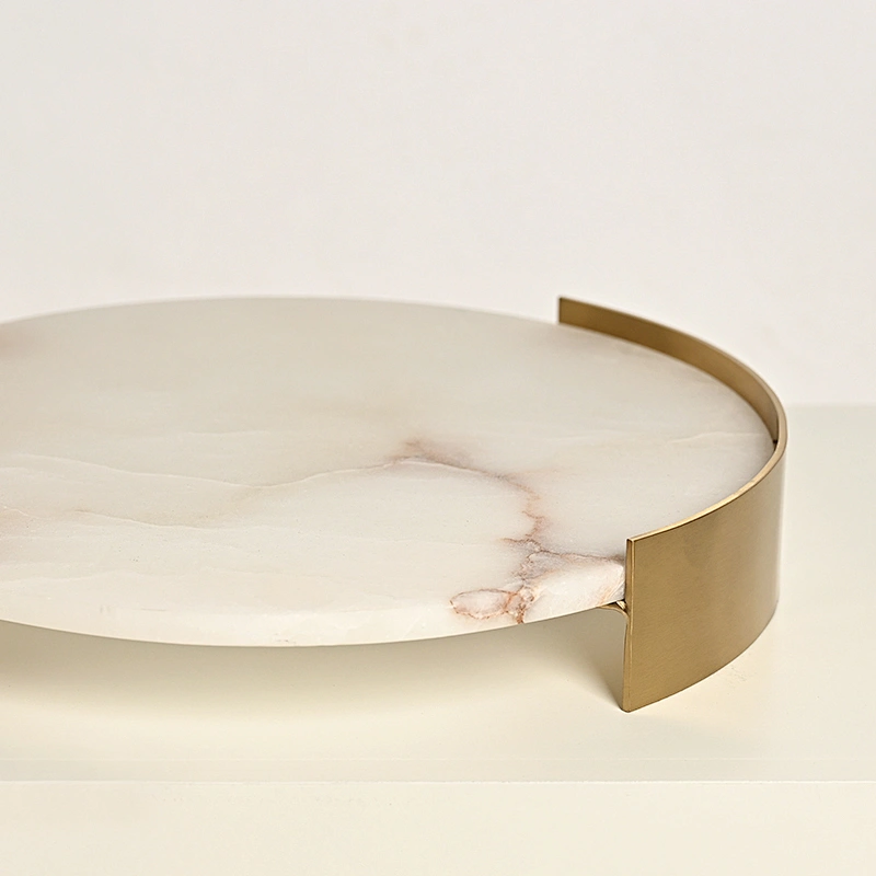 Steel handle round alabaster stone tray